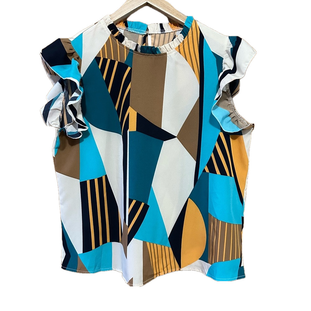 Abstract Ruffle Cap Sleeve Blouse Navy Turquoise Yellow Beige Brown - XL